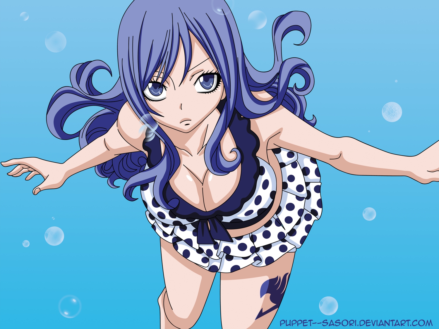 breasts, bubbles, cleavage, fairy_tail, juvia_loxar, purple_eyes, purple_hair, swimsuit, tattoo, underwater, water, watermark