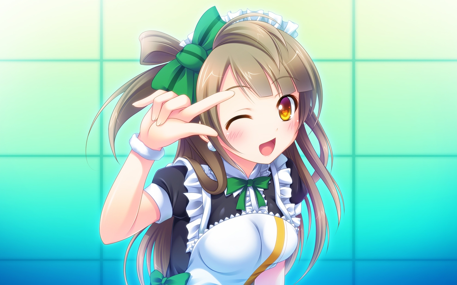 bow, brown_hair, love_live!_school_idol_project, maid, minami_kotori, miu_(c_blue), skintight, wink