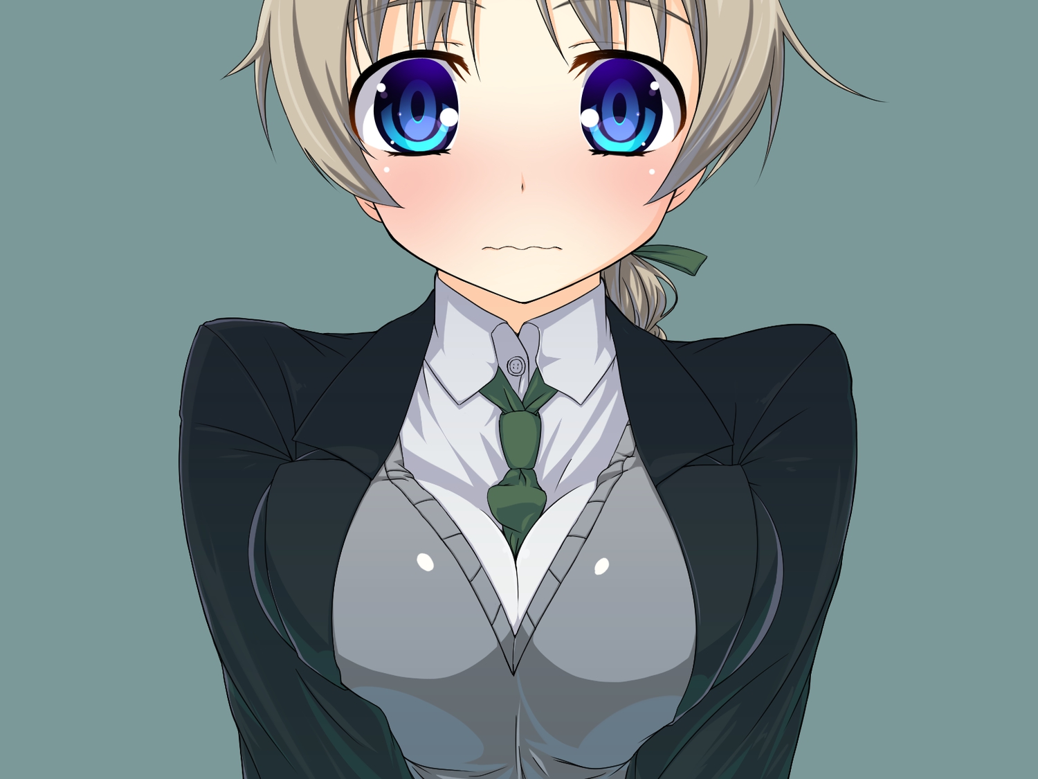 blue_eyes, blush, breasts, brown_hair, cleavage, long_hair, lynette_bishop, school_uniform, strike_witches, tie, urepito_honke