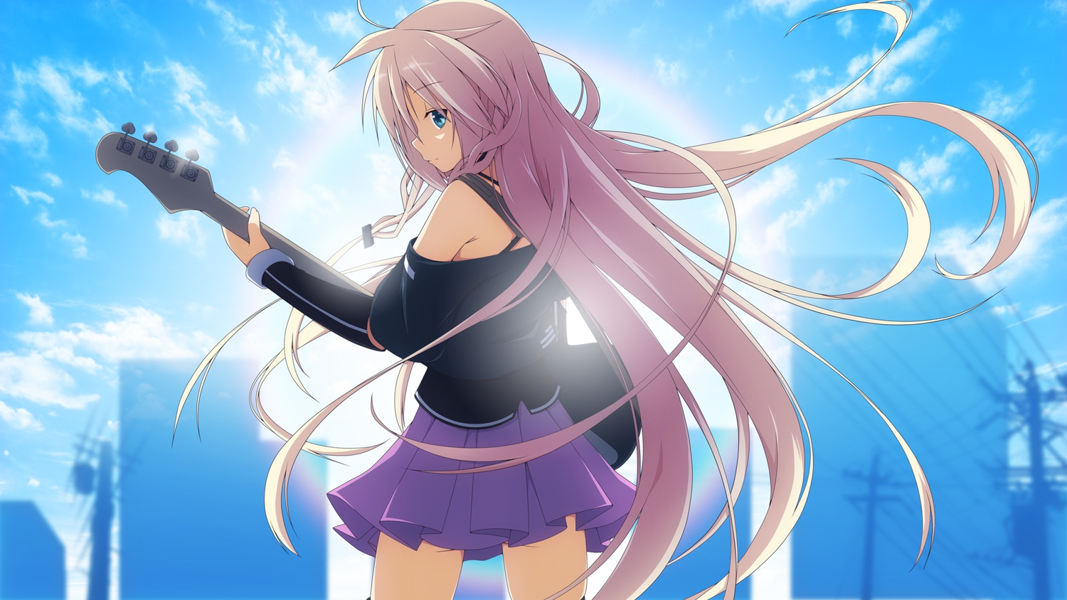 blue_eyes, guitar, ia, instrument, long_hair, pink_hair, vocaloid, yuzuki_kei