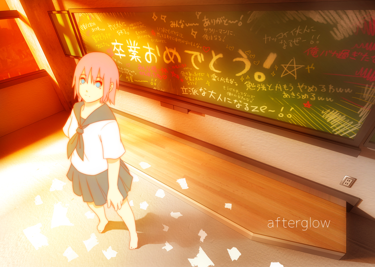 barefoot, blue_eyes, megurine_luka, pink_hair, popurika, school_uniform, short_hair, vocaloid