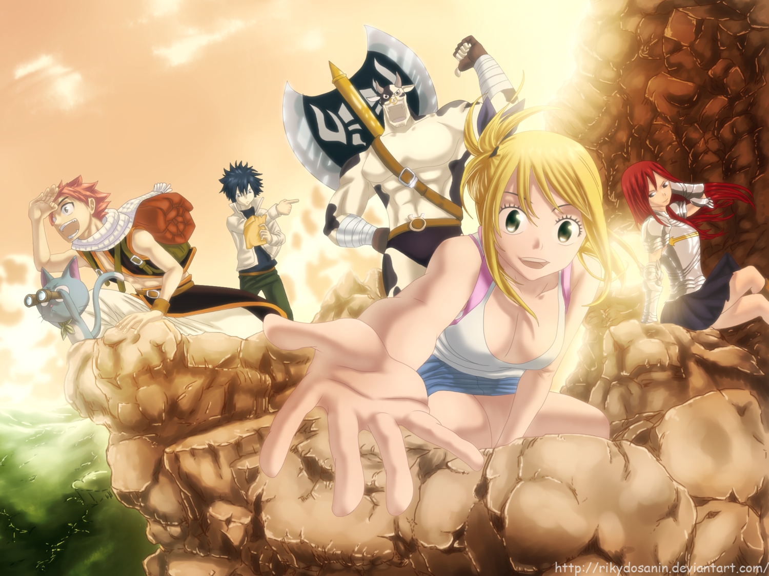 armor, blonde_hair, breasts, cleavage, erza_scarlet, fairy_tail, gray_fullbuster, happy_(fairy_tail)