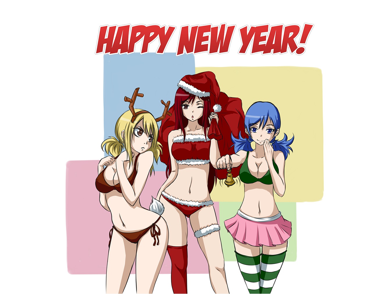 bikini, blonde_hair, blue_eyes, blue_hair, breasts, brown_eyes, christmas, cleavage