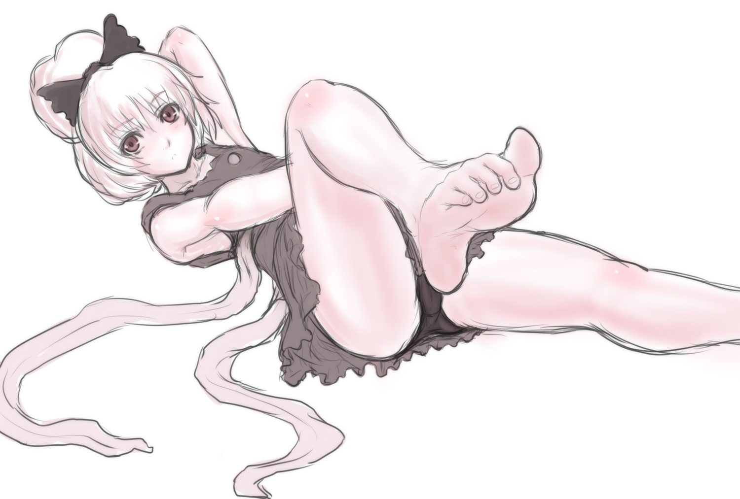 barefoot, bow, kuro_suto_sukii, kurodani_yamame, monochrome, ponytail, short_hair, touhou