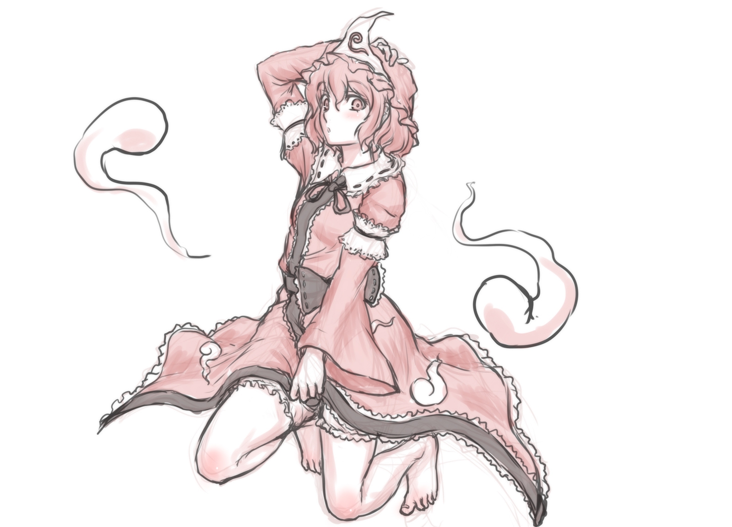 barefoot, hat, japanese_clothes, kuro_suto_sukii, monochrome, saigyouji_yuyuko, short_hair, sketch