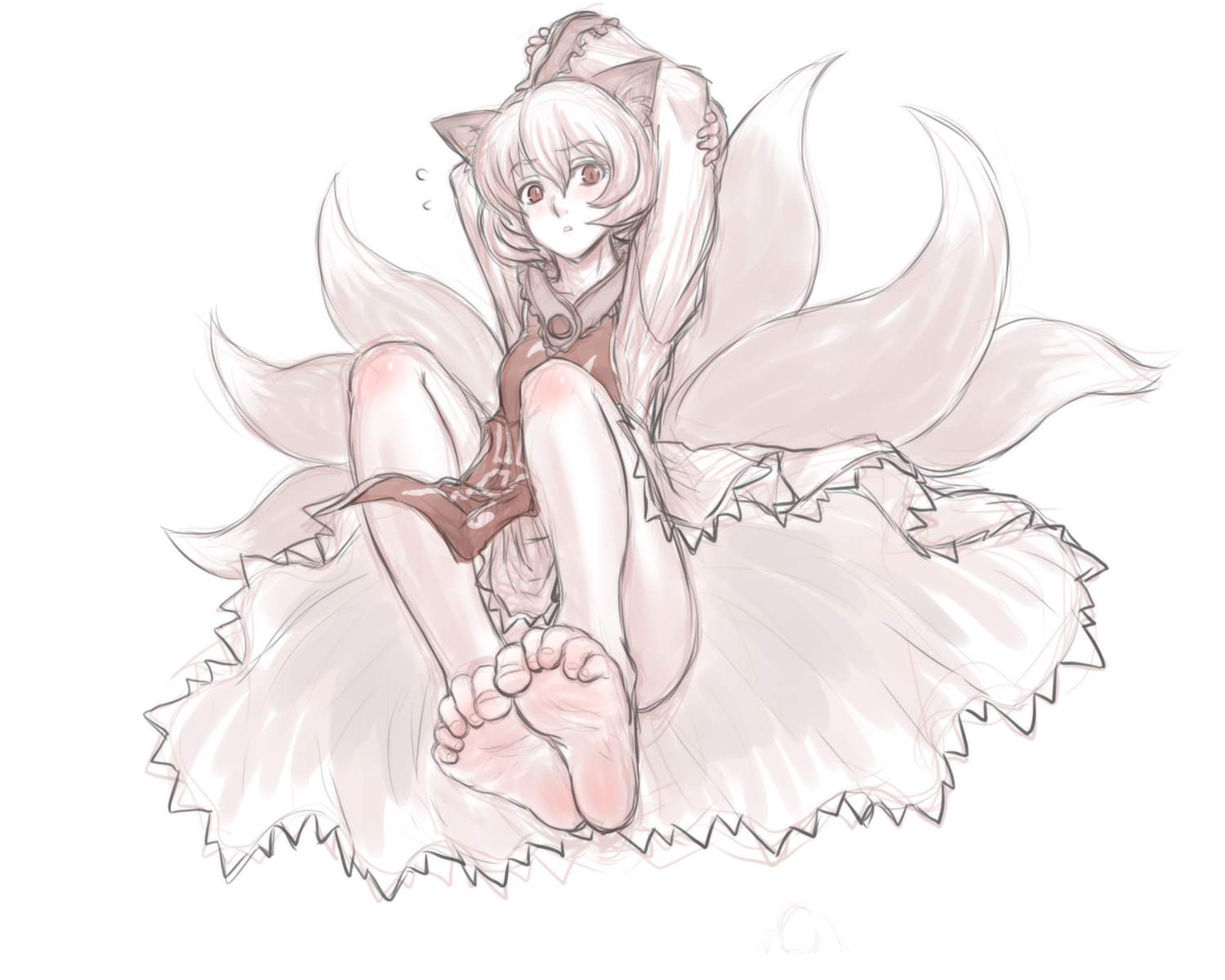 animal_ears, barefoot, foxgirl, kuro_suto_sukii, monochrome, multiple_tails, short_hair, tail, touhou, yakumo_ran