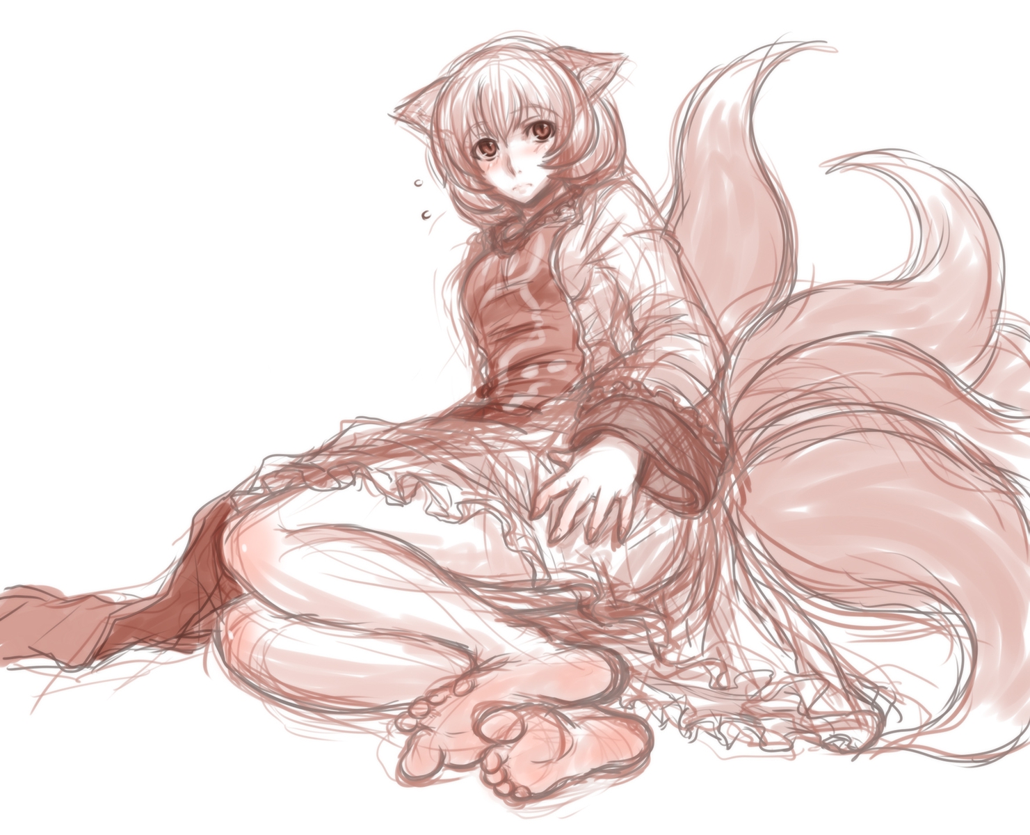 animal_ears, barefoot, blush, foxgirl, hat, kuro_suto_sukii, multiple_tails, short_hair