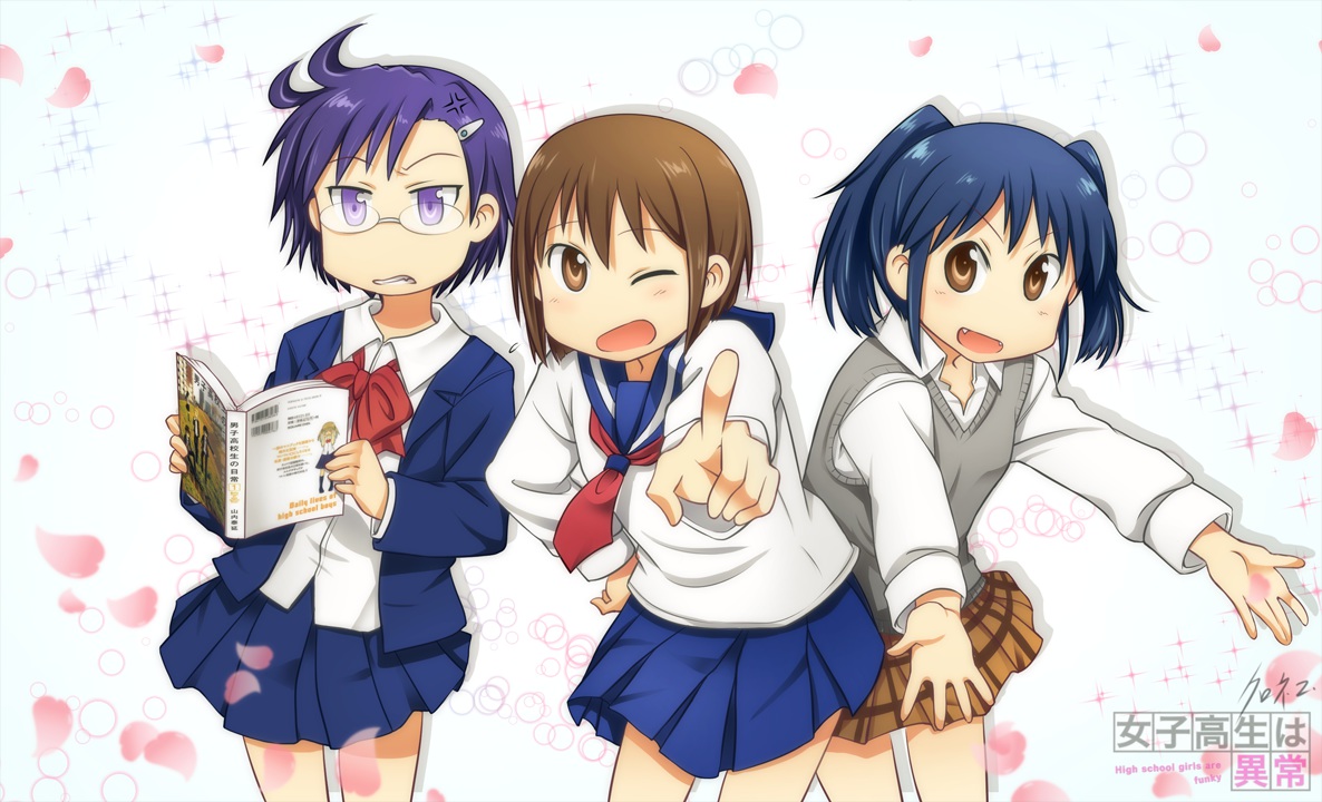 brown_eyes, brown_hair, danshi_koukousei_no_nichijou, glasses, habara_(danshi_koukousei), ikushima_(danshi_koukousei), kuroneko_(carmentic), nichijou, parody, petals, school_uniform, short_hair, skirt, twintails, yanagin_(danshi_koukousei)