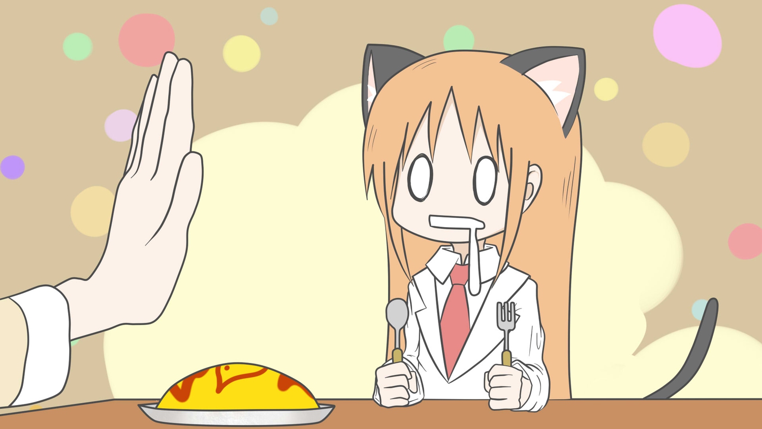2girls, animal_ears, asahina_hiyori_(tattu), brown_hair, catgirl, food, hakase_(nichijou), long_hair, nichijou, orange_hair, tail, tie