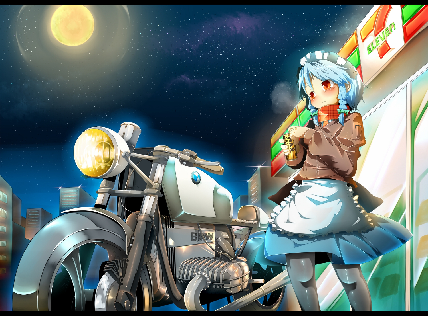 blue_hair, braids, izayoi_sakuya, jinkou-kuu, maid, moon, motorcycle, night, red_eyes, scarf, stars, touhou