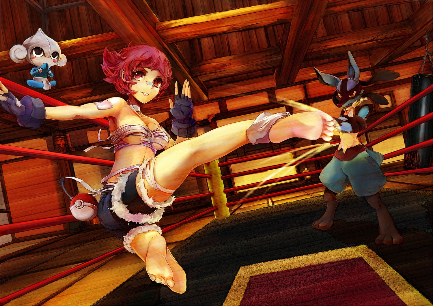 bandage, bandaid, barefoot, gloves, kick, lucario, meditite, nintendo, pink_eyes, pink_hair, pokemon, poyan_noken, sarashi, shorts, sumomo_(pokemon), underwear