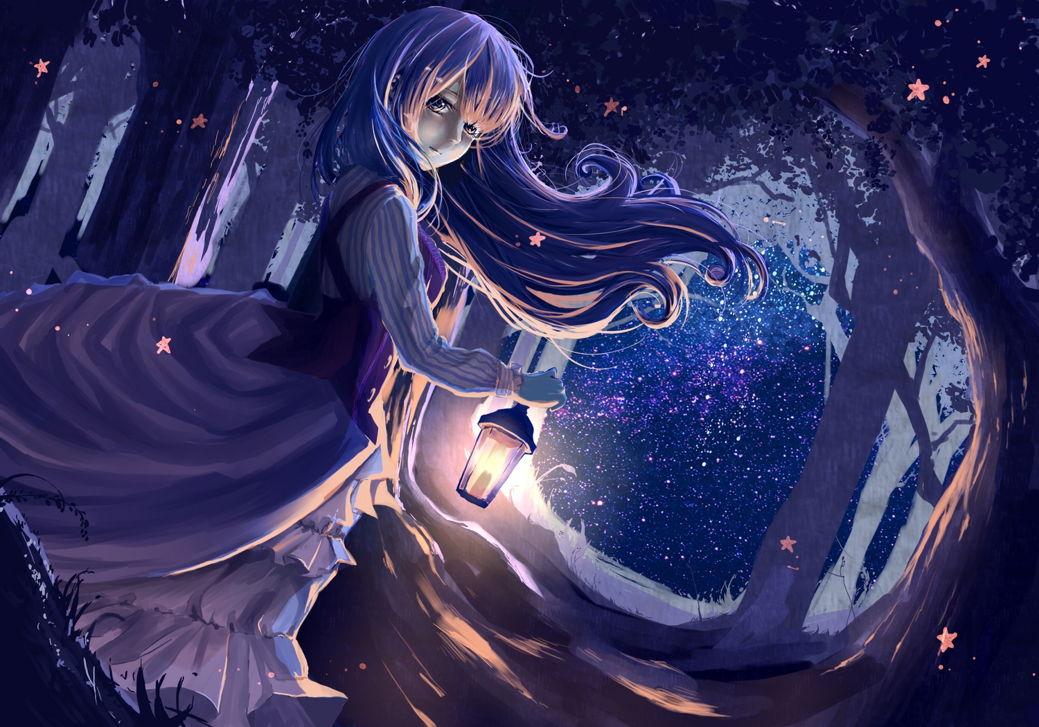dress, forest, long_hair, night, original, suzuya_(appon65122), tree