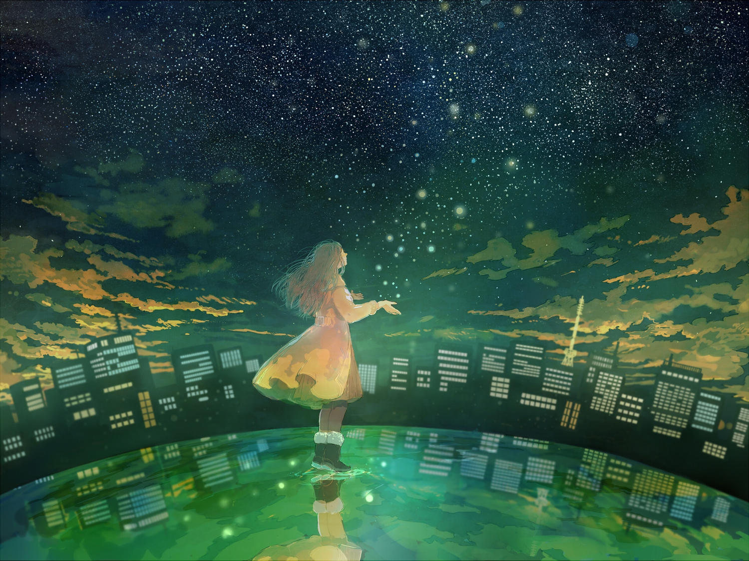 boots, city, clouds, dress, original, pon_(cielo), sky, stars, water