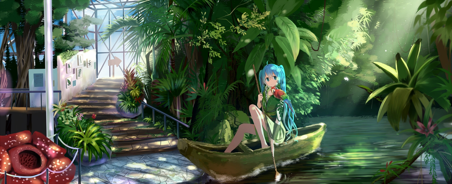 animal, bird, blue_eyes, blue_hair, boat, flowers, hatsune_miku, leaves