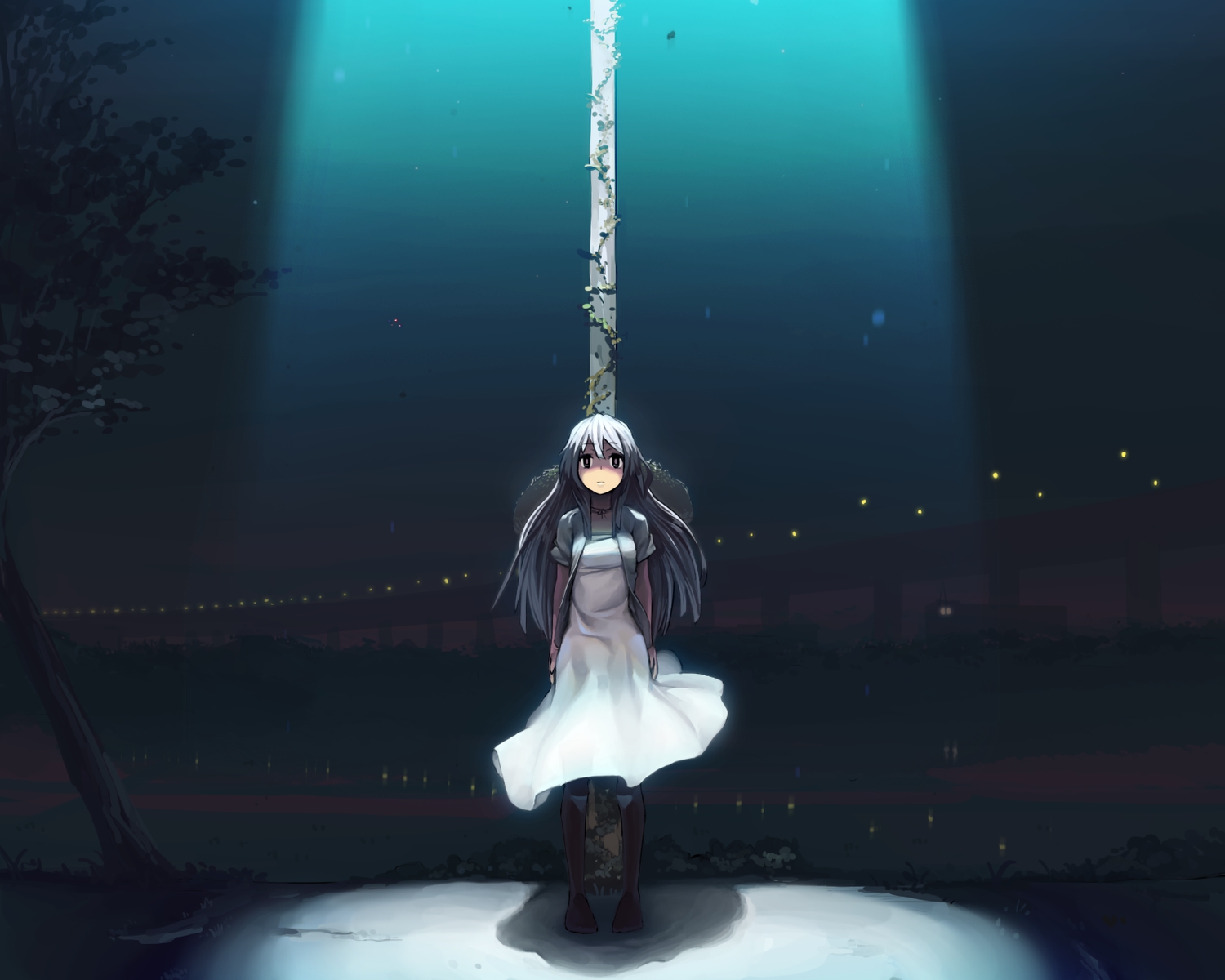 black_hair, dress, long_hair, night, original, rai32019, tree