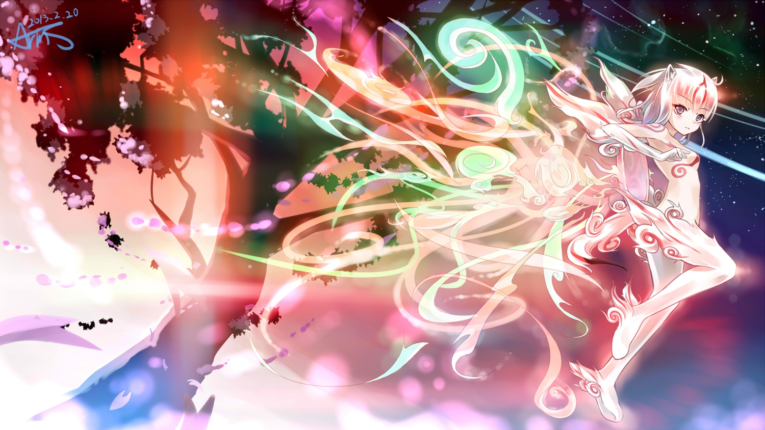 amaterasu, animal_ears, arms_ai, black_eyes, night, okami, signed, sky, stars, tail, tree, white_hair, wings