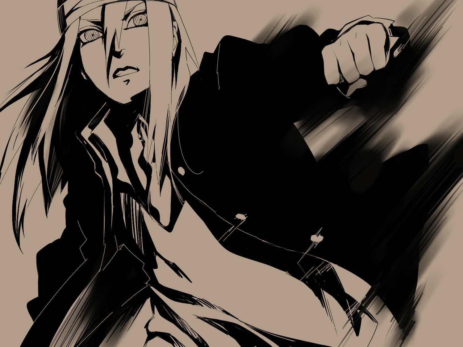 hat, kazari_tayu, long_hair, monochrome, naruto, punch, school_uniform, tayuya