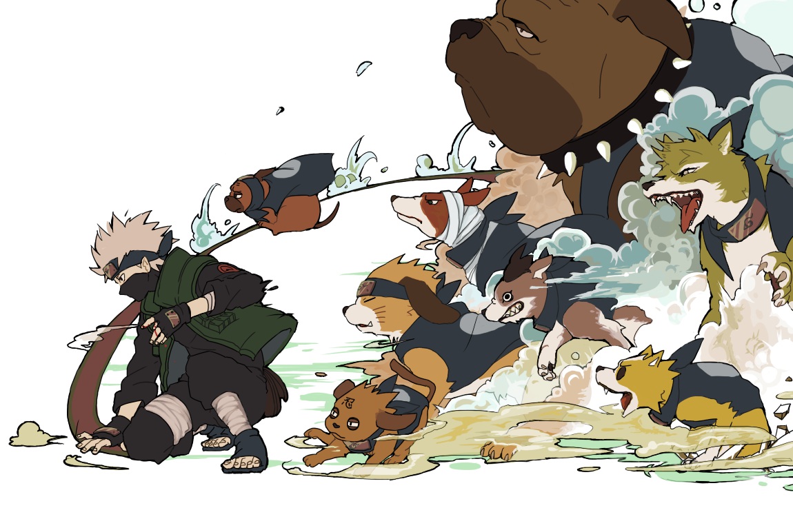all_male, animal, bandage, blood, collar, dog, fang, gloves, gray_hair, hatake_kakashi, headband, male, miyano_a, naruto