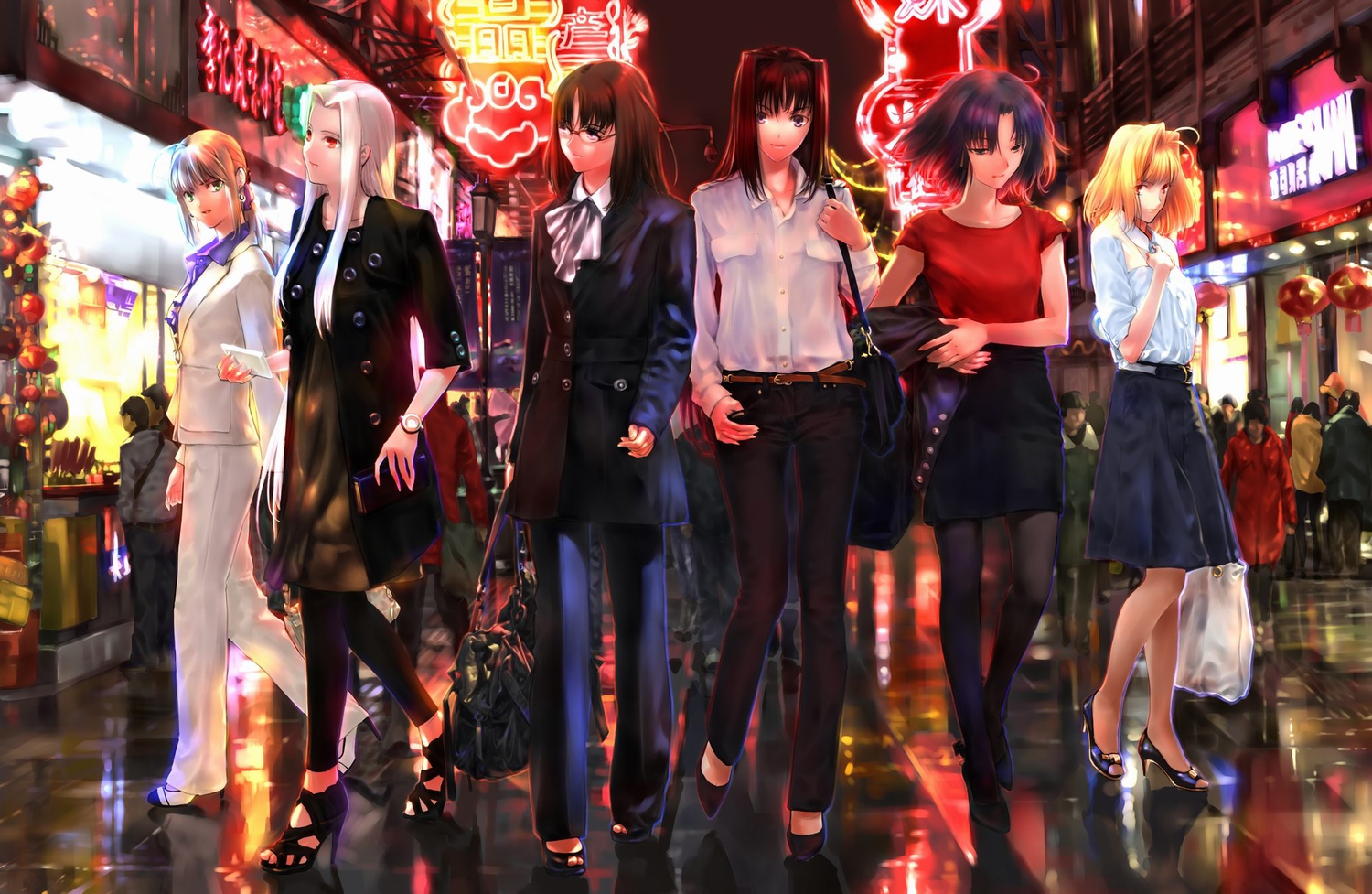 aozaki_aoko, arcueid_brunestud, artoria_pendragon_(all), blonde_hair, blue_hair, brown_hair, building, city