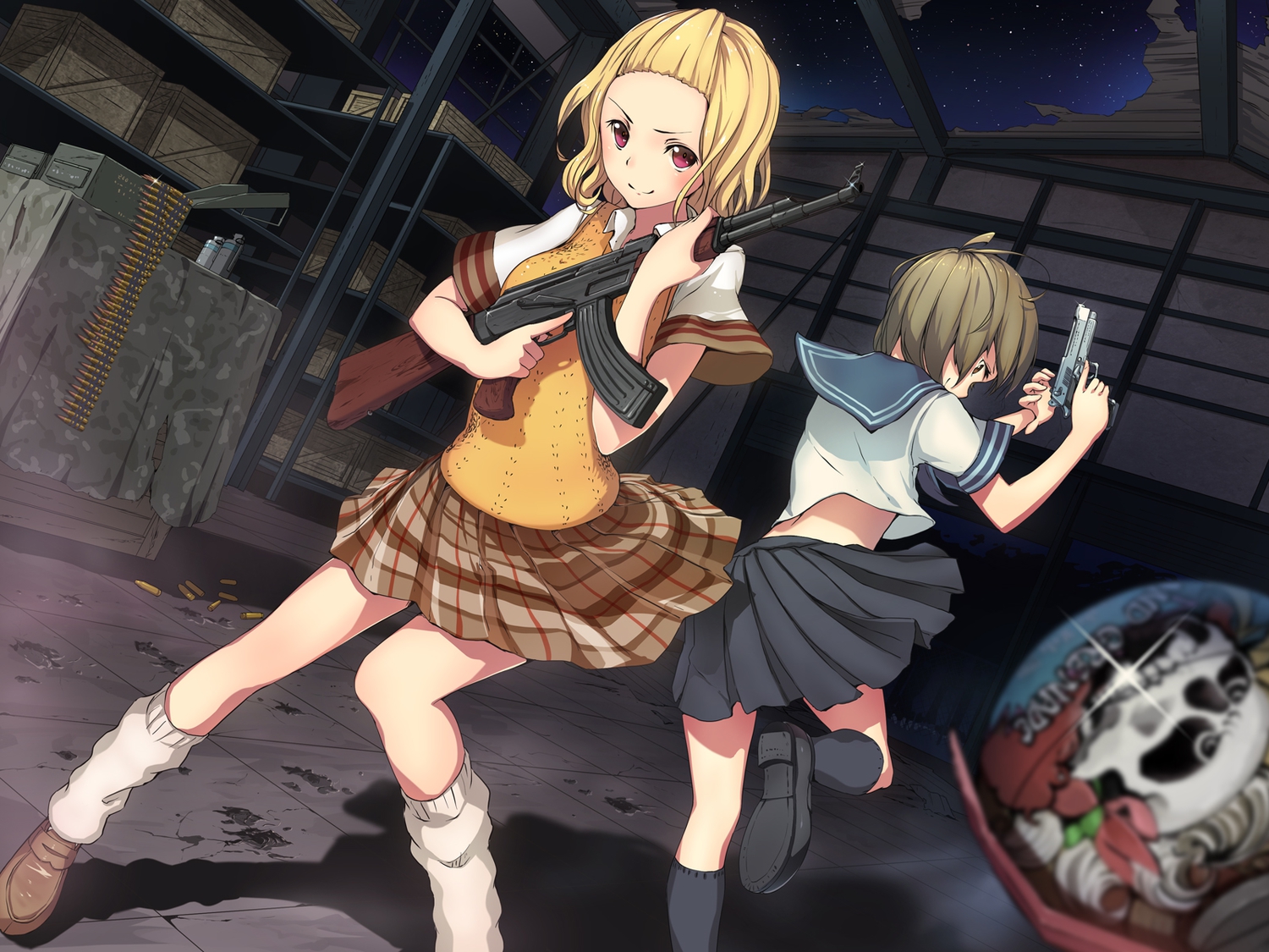 blonde_hair, gun, juu., red_eyes, school_uniform, short_hair, sudden_attack, weapon