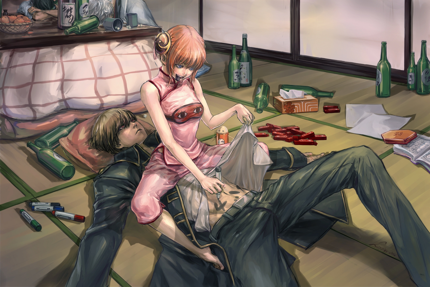 blue_eyes, drink, gintama, hijikata_toushirou, kagura_(gintama), male, okita_sougo, red_eyes, sakata_gintoki, sake, sleeping, zzyzzyy