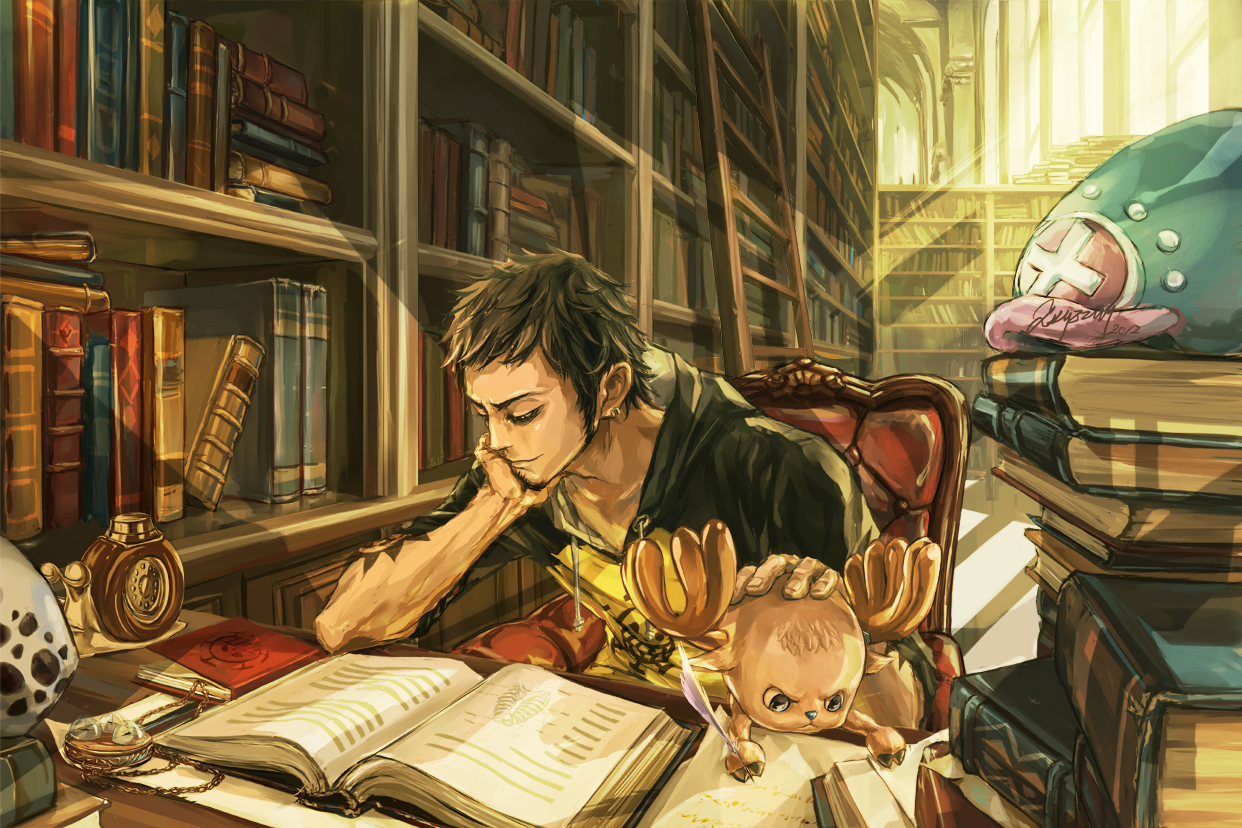 all_male, black_hair, book, male, one_piece, short_hair, tony_tony_chopper, trafalgar_law, zzyzzyy