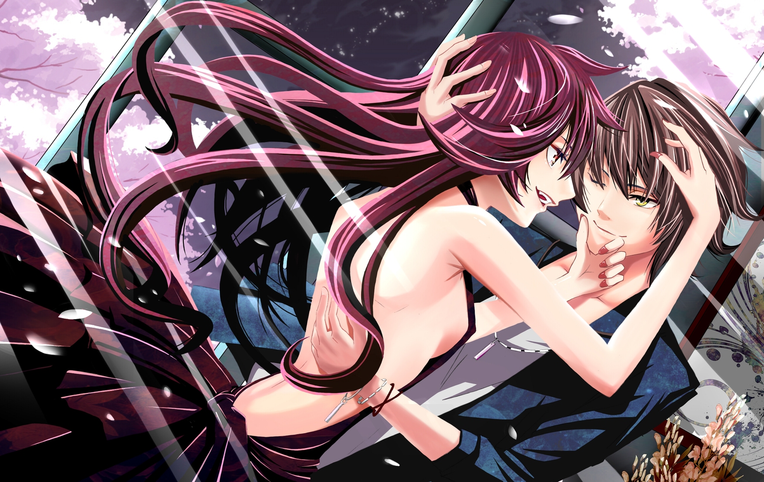 brown_hair, dress, mikoma_sanagi, necklace, original, purple_hair, red_eyes, wink, yellow_eyes