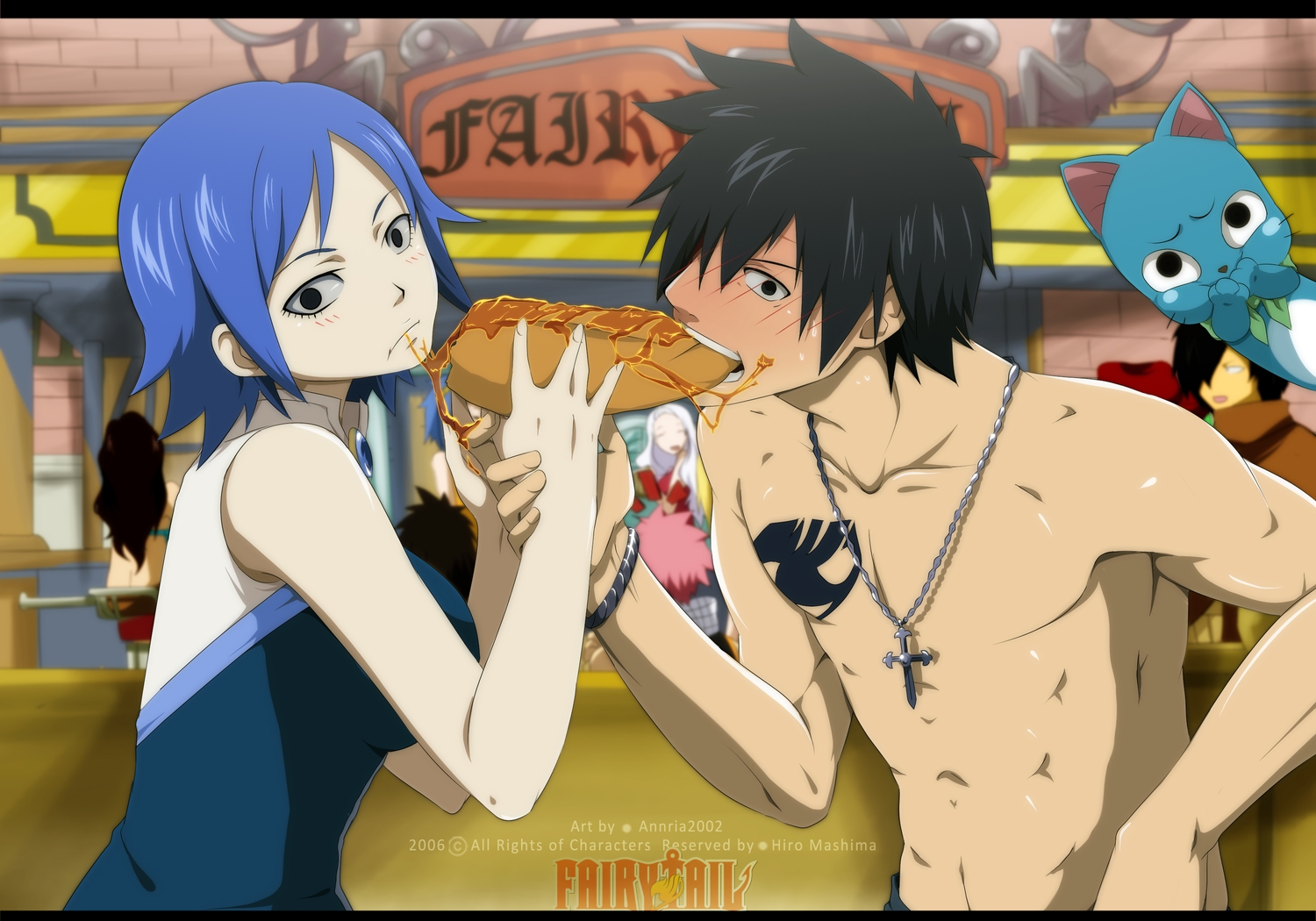 blush, fairy_tail, food, gray_fullbuster, happy_(fairy_tail), juvia_loxar, male
