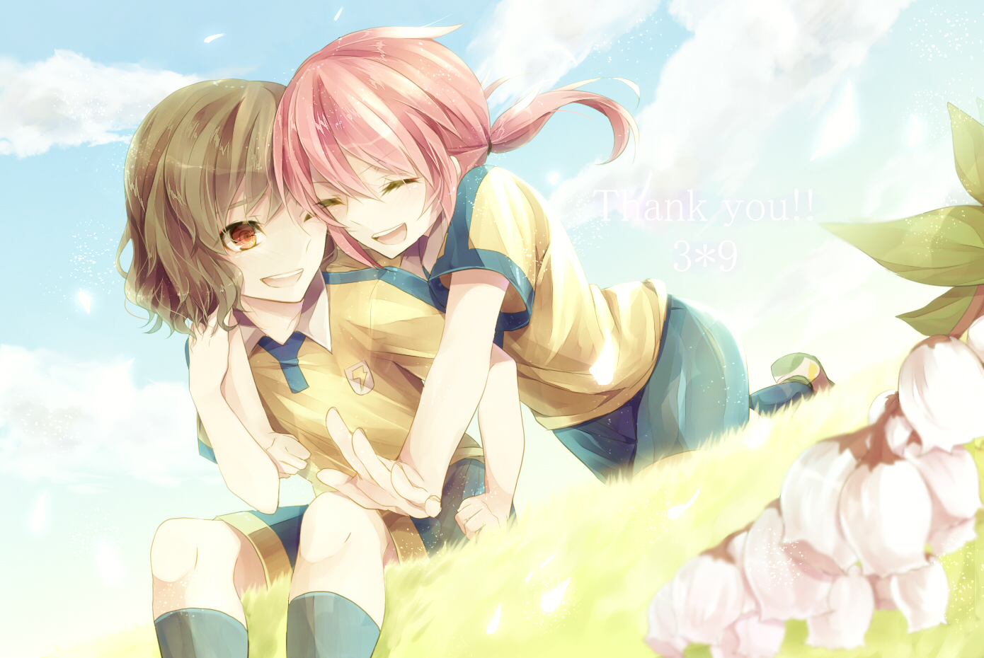 all_male, brown_hair, flowers, grass, inazuma_eleven_go, kirino_ranmaru, male, otoko_no_ko, pink_hair, shain_roki, shindou_takuto, short_hair, uniform