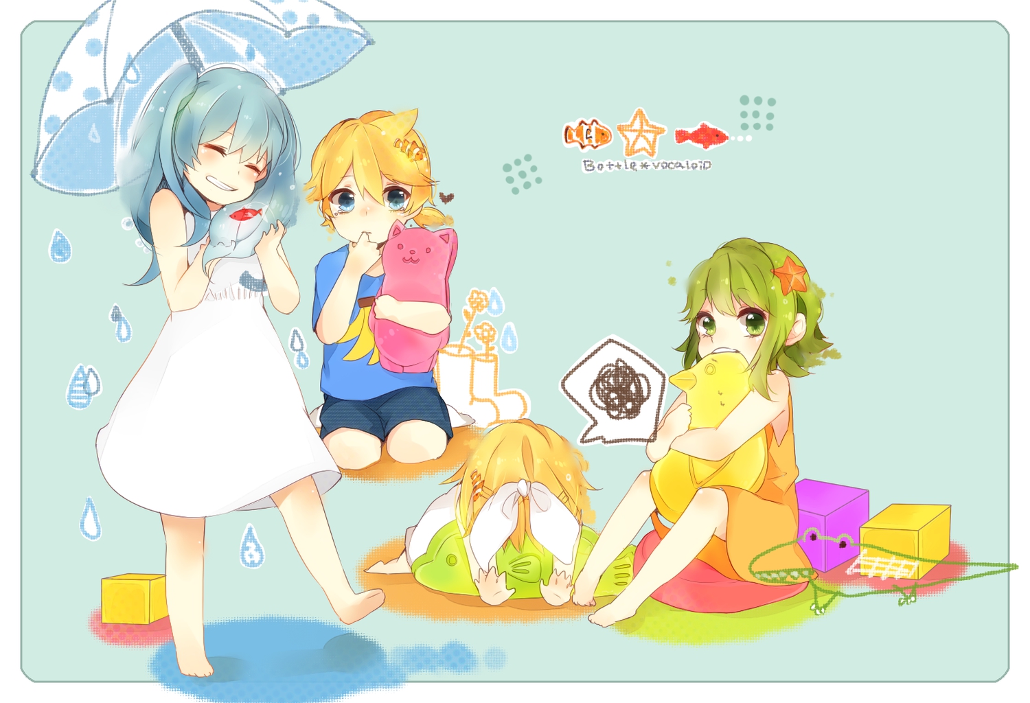 barefoot, bottle_miku, dress, group, gumi, hatsune_miku, hiiro, kagamine_len, kagamine_rin, male, umbrella, vocaloid