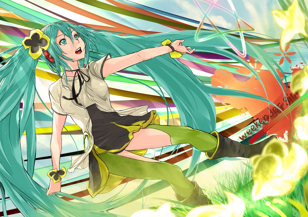 aqua_eyes, aqua_hair, cafekun, hatsune_miku, long_hair, twintails, vocaloid, weekender_girl_(vocaloid)