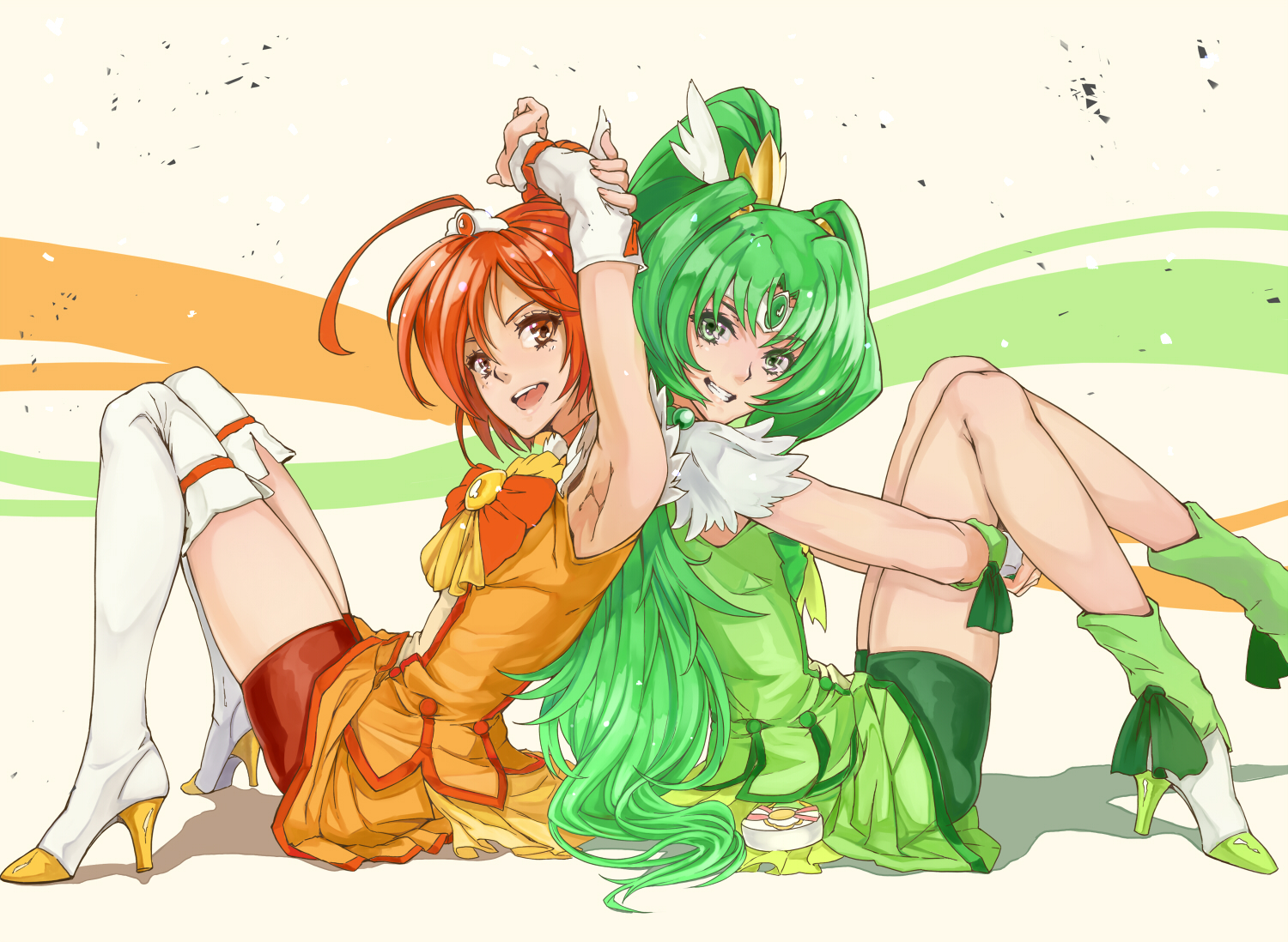 2girls, green_eyes, green_hair, hino_akane, midorikawa_nao, precure, smile_precure!, thighhighs