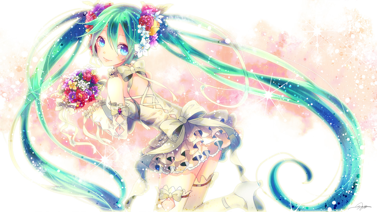 blue_eyes, dress, flowers, garter, green_hair, hatsune_miku, long_hair, sazanami_shione