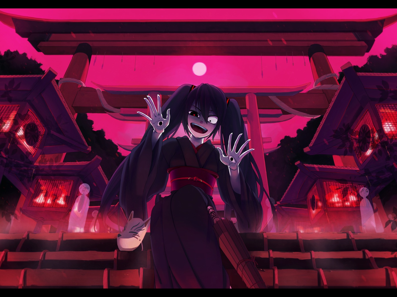 black_hair, hatsune_miku, japanese_clothes, mask, musunde_hiraite_rasetsu_to_mukuro_(vocaloid), night, rearisu, stairs
