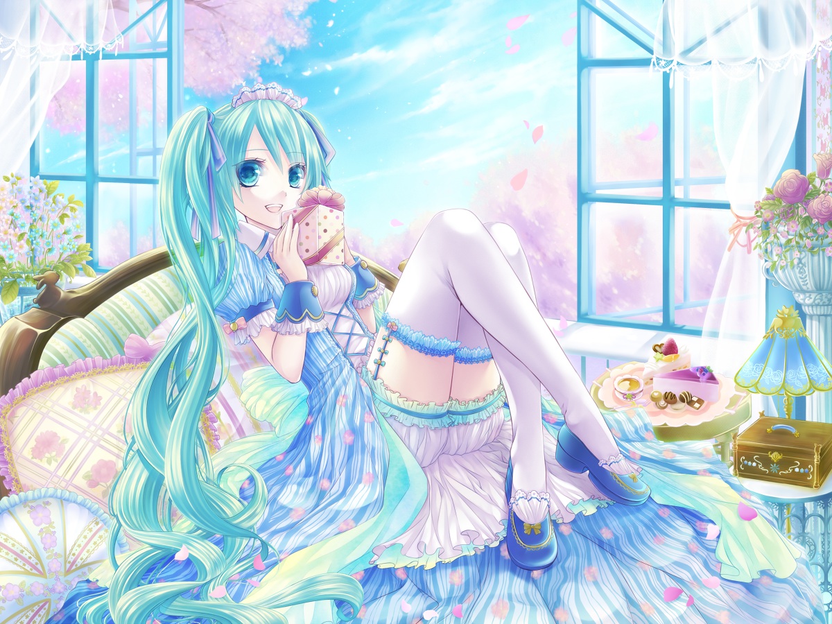 aqua_eyes, aqua_hair, cake, cherry_blossoms, dress, flowers, food, garter_belt, hatsune_miku, kurone_kuroneko, long_hair, petals, stockings, vocaloid