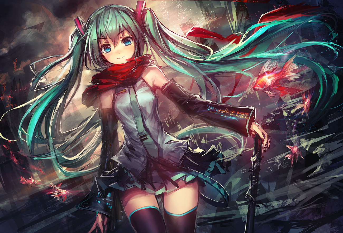 animal, aqua_hair, blue_eyes, fish, hatsune_miku, lm7_(op-center), long_hair, scarf, skirt, thighhighs, tie, twintails, vocaloid, weapon