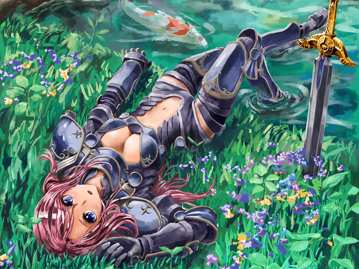 armor, flowers, grass, sword, tetrapod, weapon