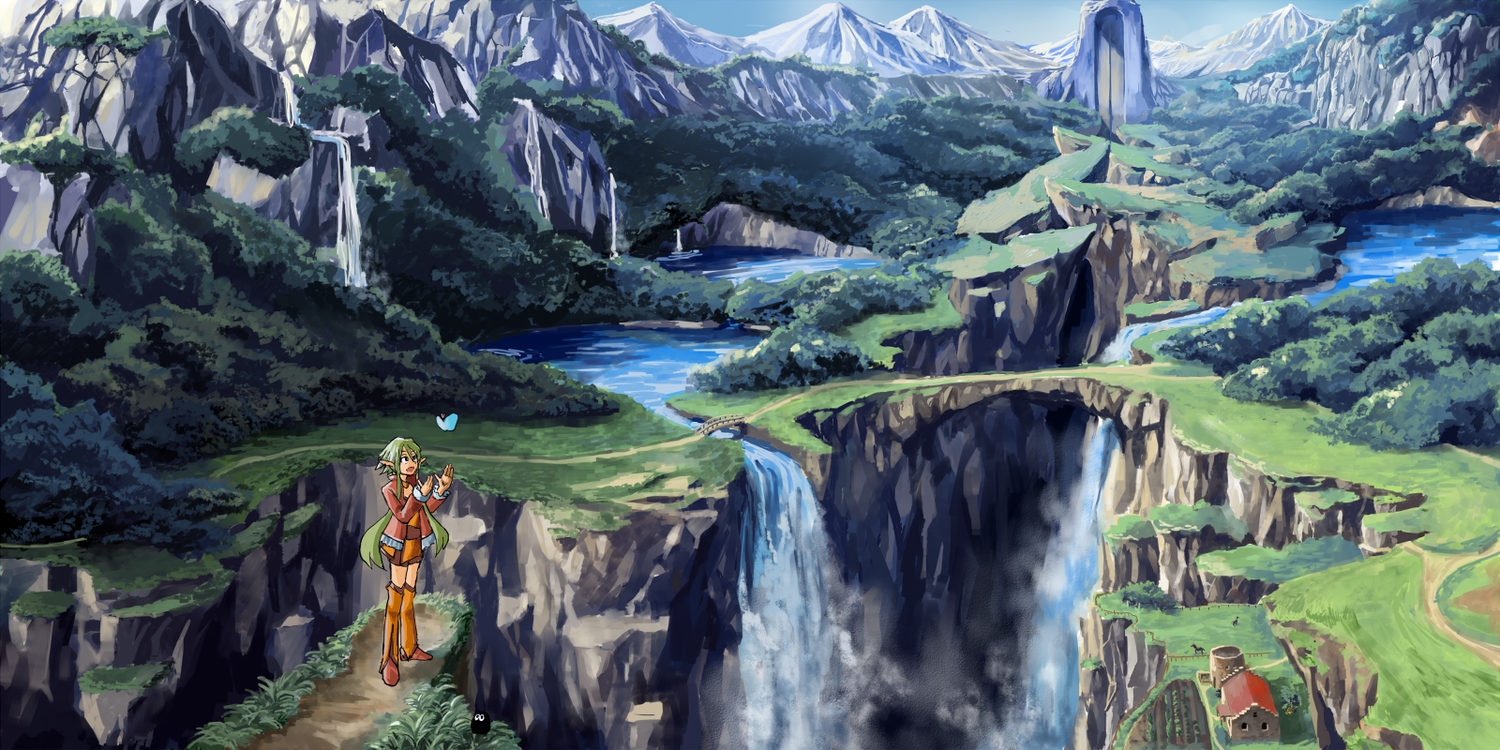 butterfly, green_hair, landscape, long_hair, original, pixiv_fantasia, pointed_ears, scenic, tetrapod, water, waterfall