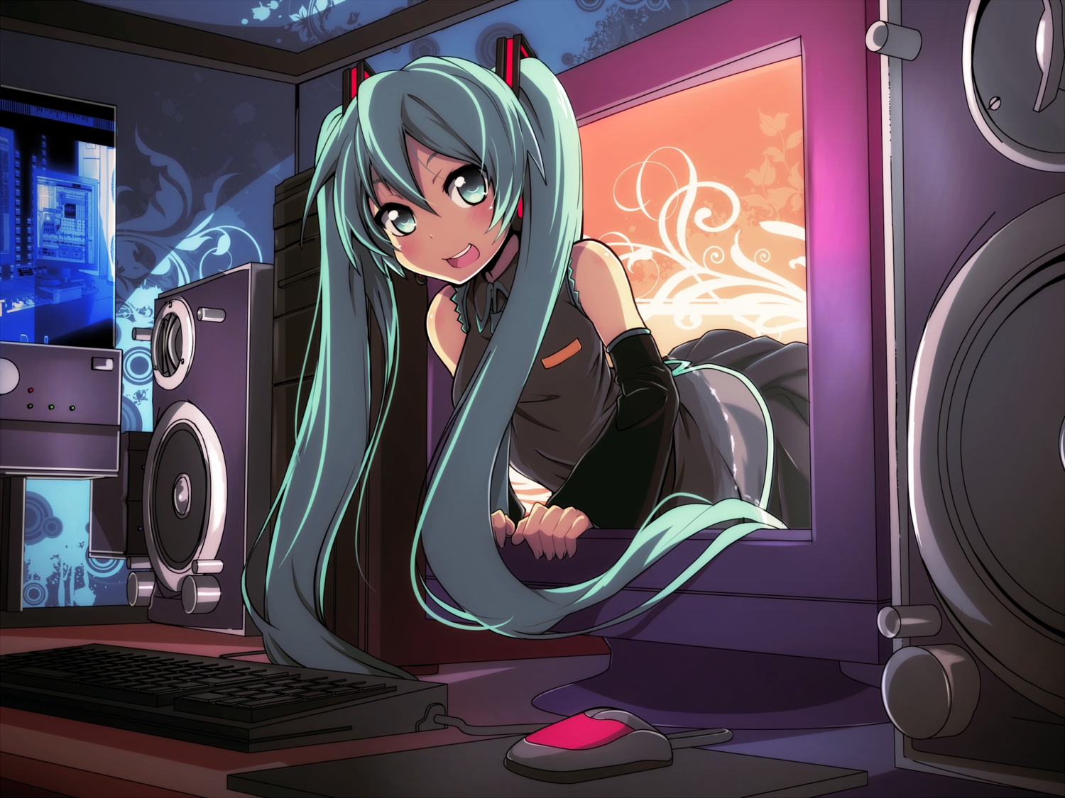 aqua_eyes, aqua_hair, blush, computer, hatsune_miku, long_hair, tom_(drpow), twintails