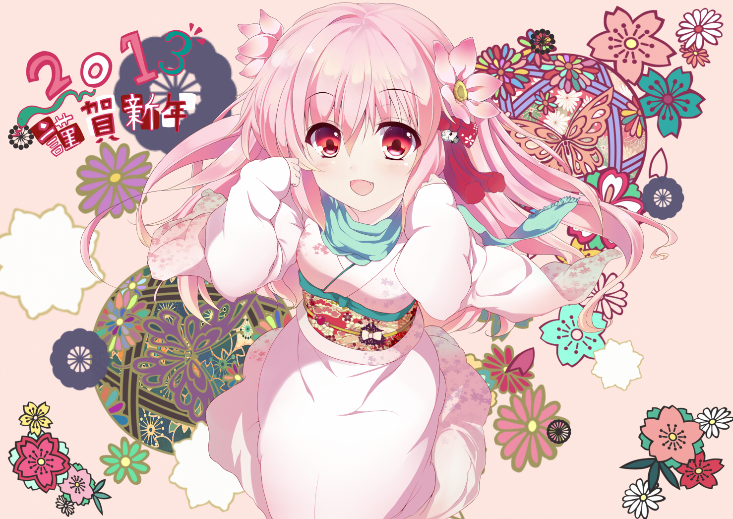 animal, blush, bow, fang, flowers, japanese_clothes, kimono, kyona_(konakona), long_hair, original, pink_hair, red_eyes, scarf