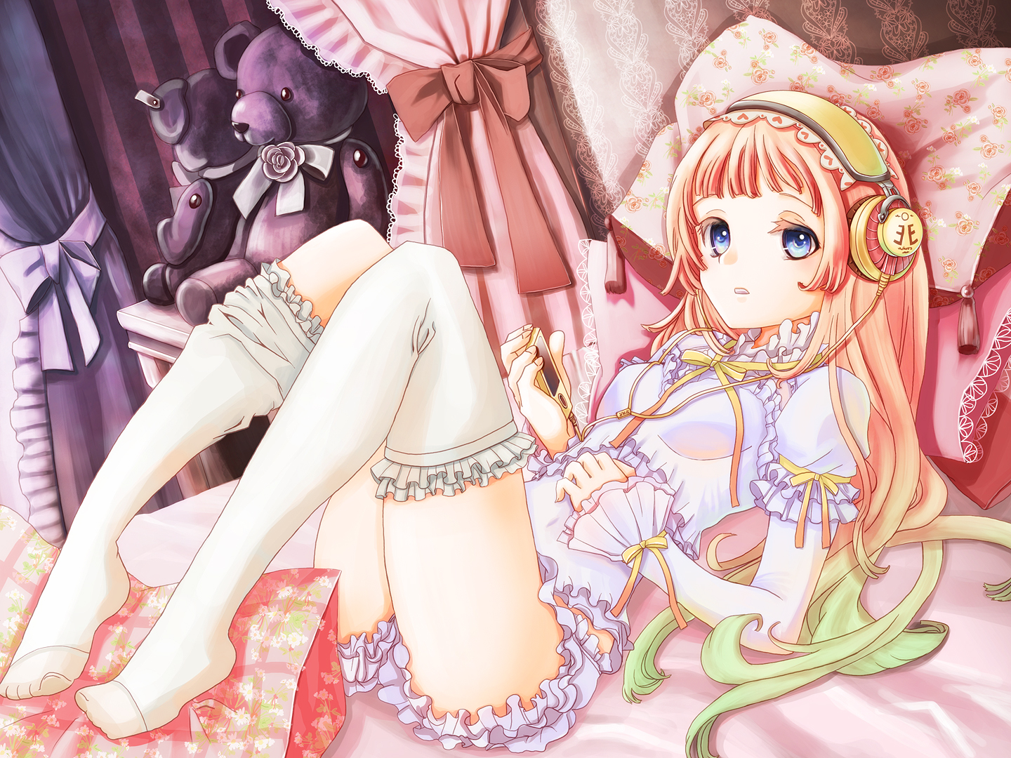 bed, blue_eyes, bow, hane_segawa, headphones, ipod, long_hair, orange_hair, original, ribbons, teddy_bear, thighhighs