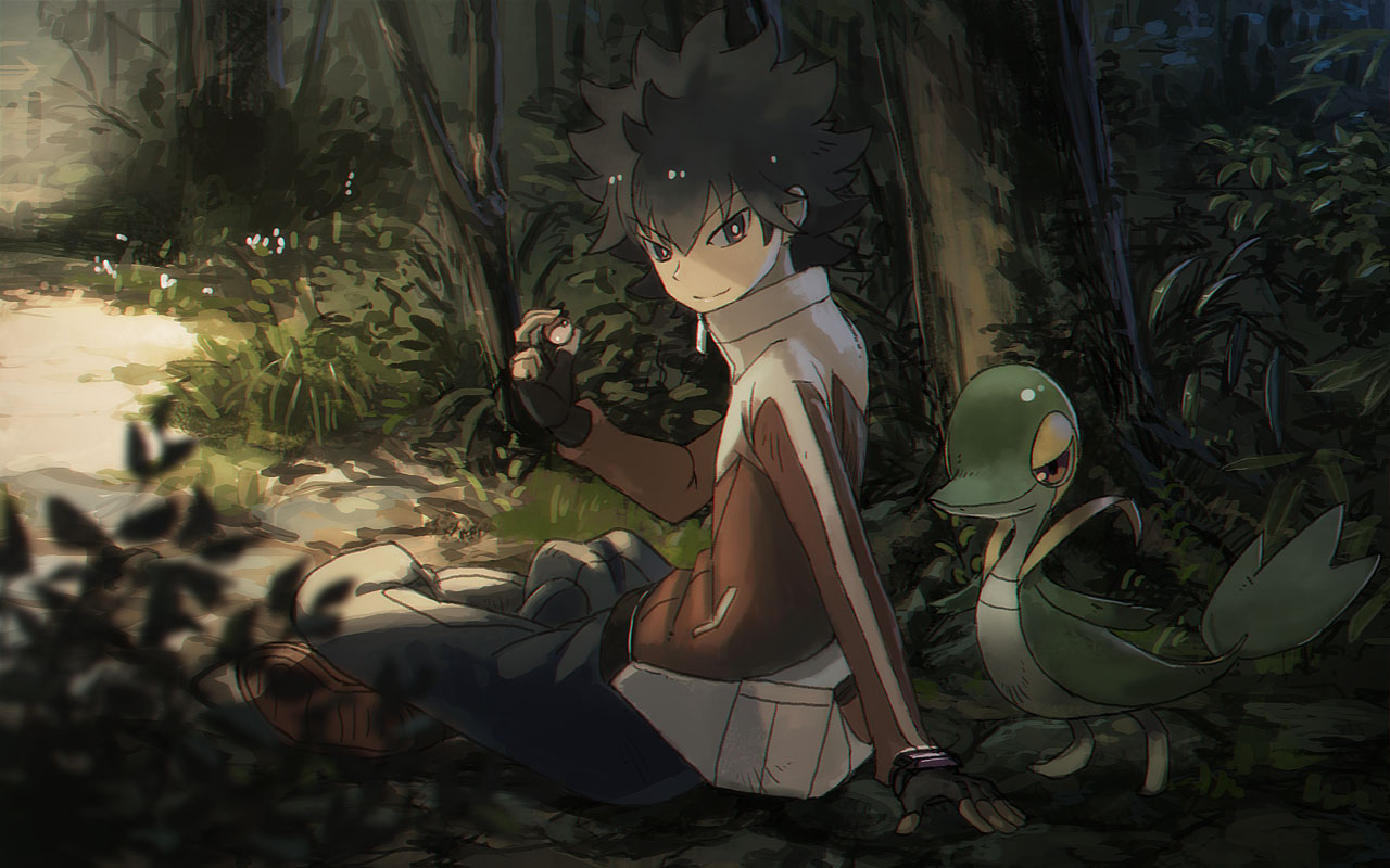 all_male, black_eyes, black_hair, forest, gloves, grass, hue_(pokemon), male
