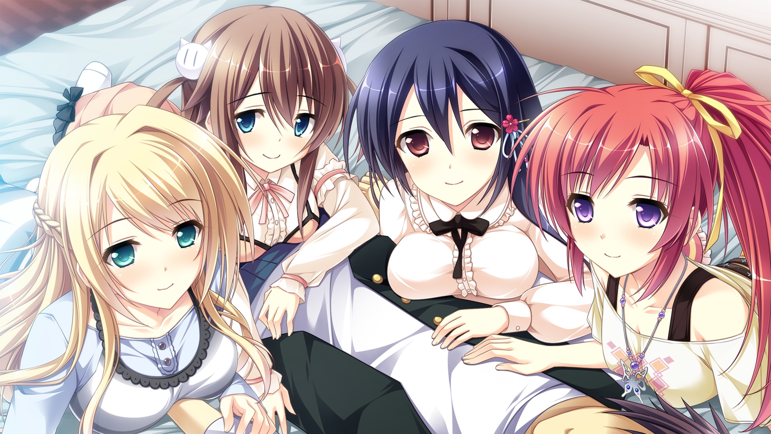 bed, blonde_hair, blue_eyes, blue_hair, bow, breasts, brown_hair, chiri_(atlanta), cleavage, gray_hair, hagiwara_hinano, harem, katakura_saki, kobayakawa_shiho_(moteore), kuonji_aoi, mote_sugite_shuraba_na_ore, necklace, ponytail, praline, red_eyes, sayori, yuuki_rika