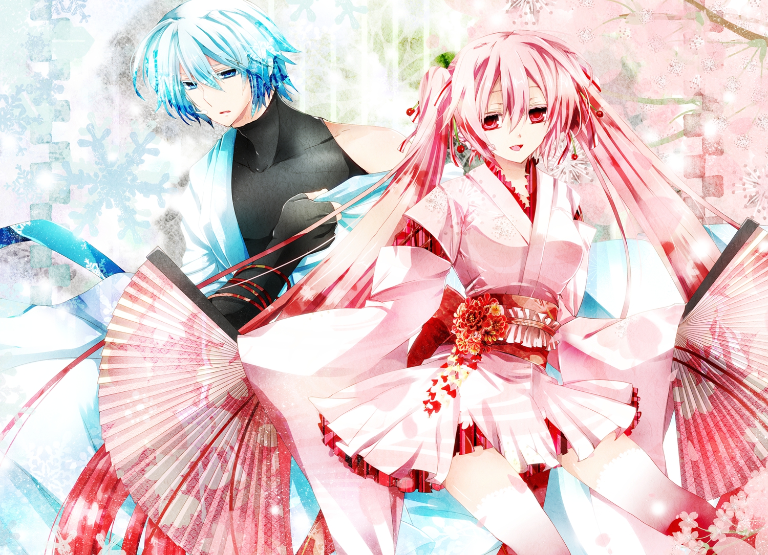 akatsuki_yakyou, blue_eyes, blue_hair, fan, hatsune_miku, hatsune_mikuo, japanese_clothes, pink_eyes