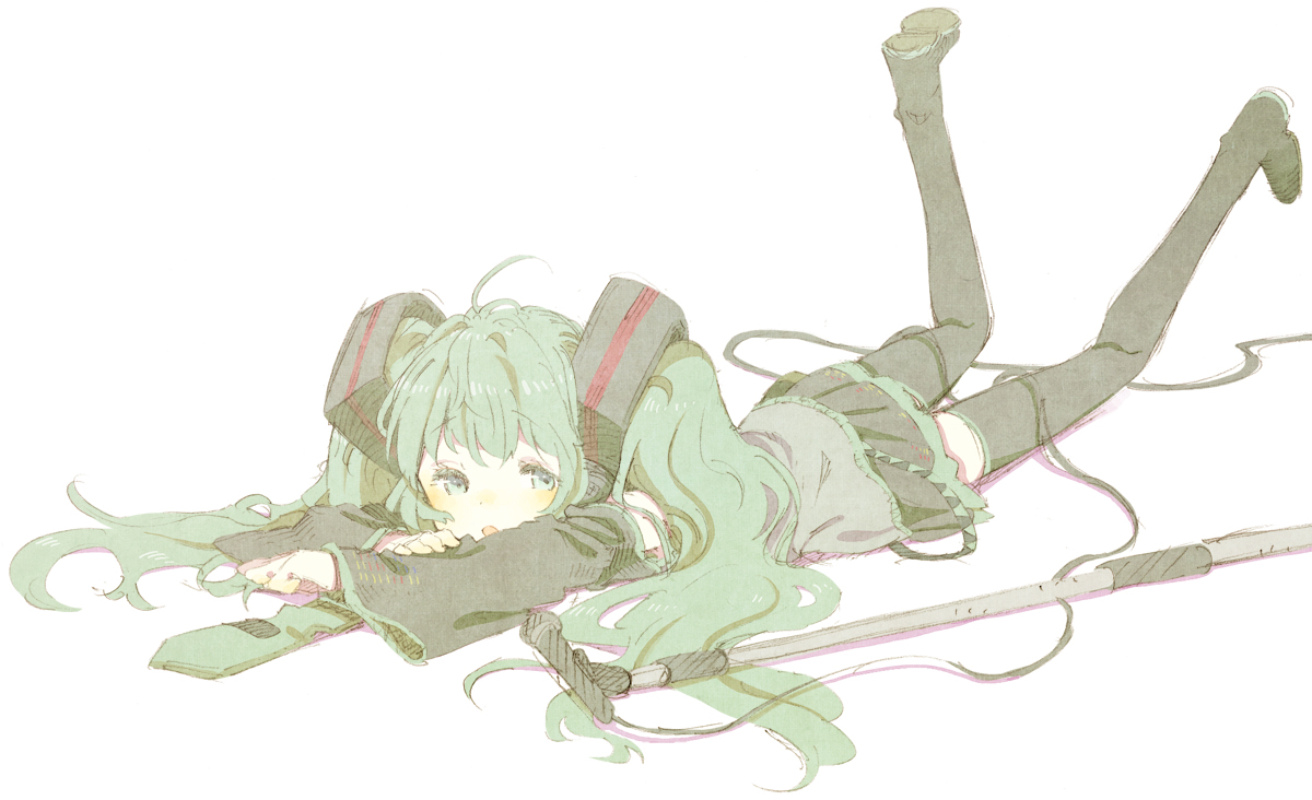 abara_heiki, hatsune_miku, microphone, sketch, thighhighs, vocaloid, white