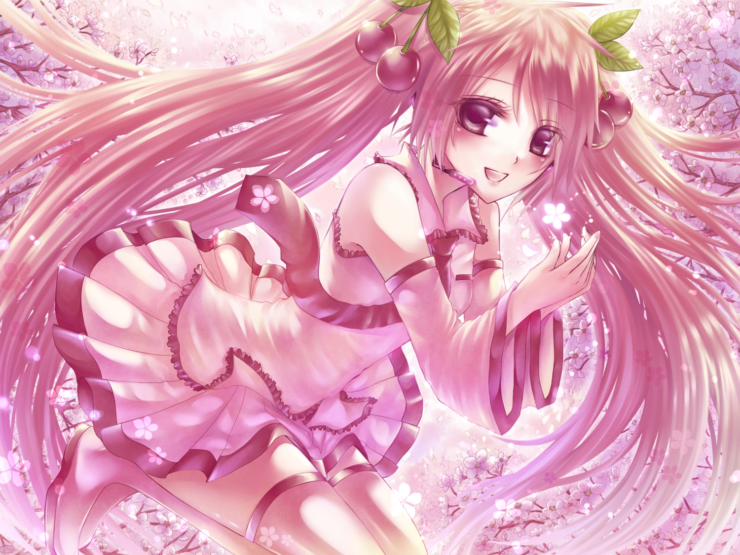 hatsune_miku, kurone_kuroneko, long_hair, petals, pink_eyes, pink_hair, sakura_miku, skirt