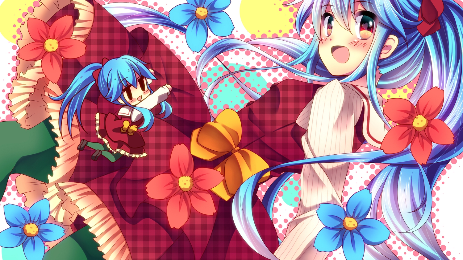 blue_hair, dress, flowers, original, twintails, urara_(sumairuclover)