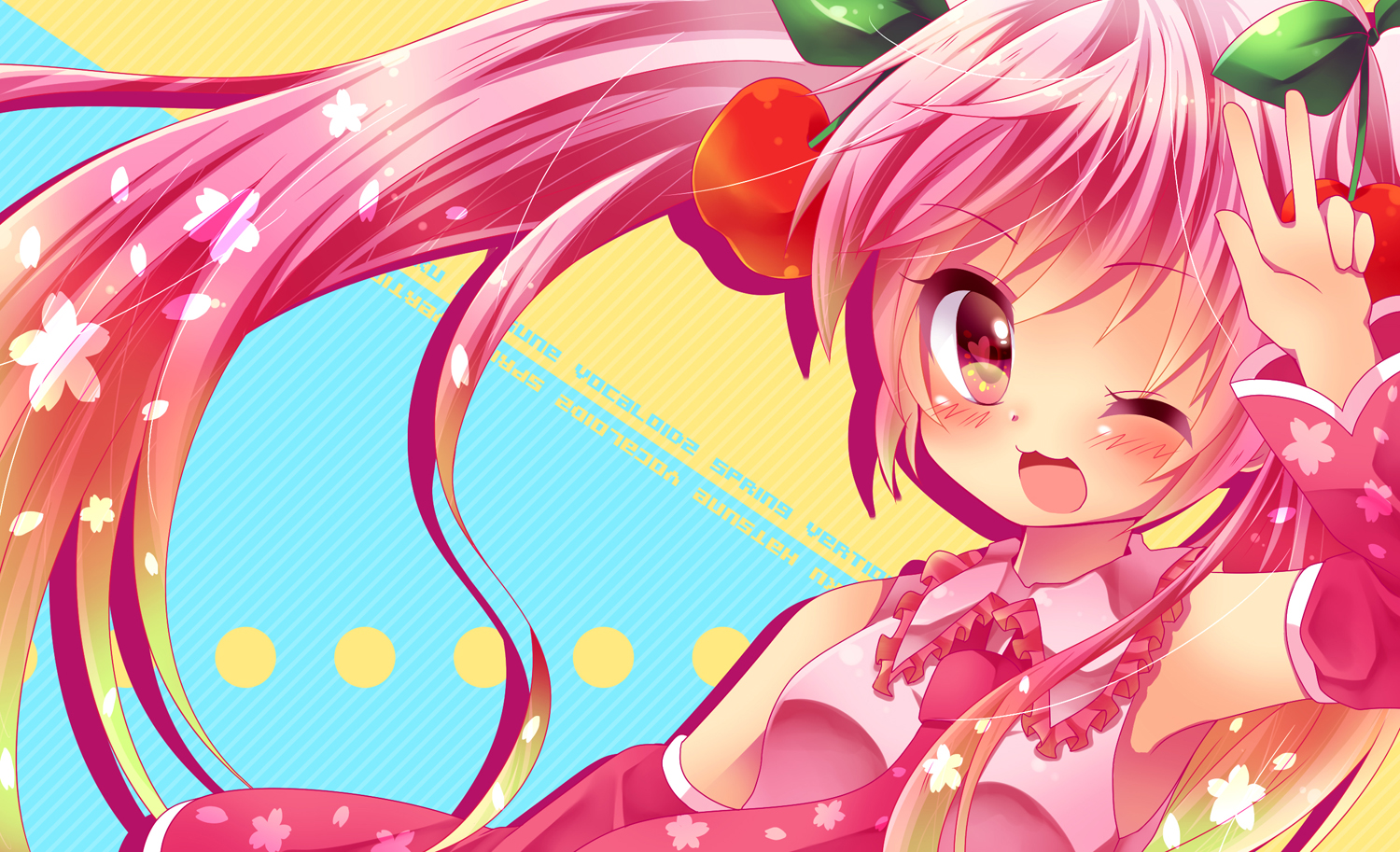 blush, hatsune_miku, pink_eyes, pink_hair, sakura_miku, urara_(sumairuclover), vocaloid, wink