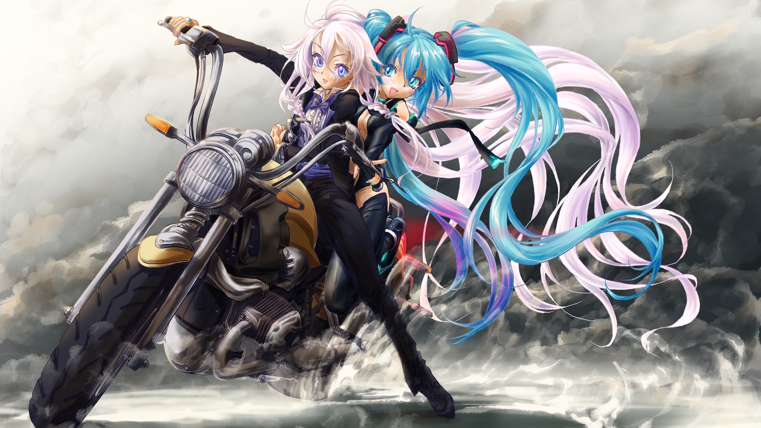 2girls, blue_eyes, blue_hair, braids, hatsune_miku, ia, long_hair, motorcycle, naka_(nicovideo14185763), pink_hair, shackles, twintails, vocaloid