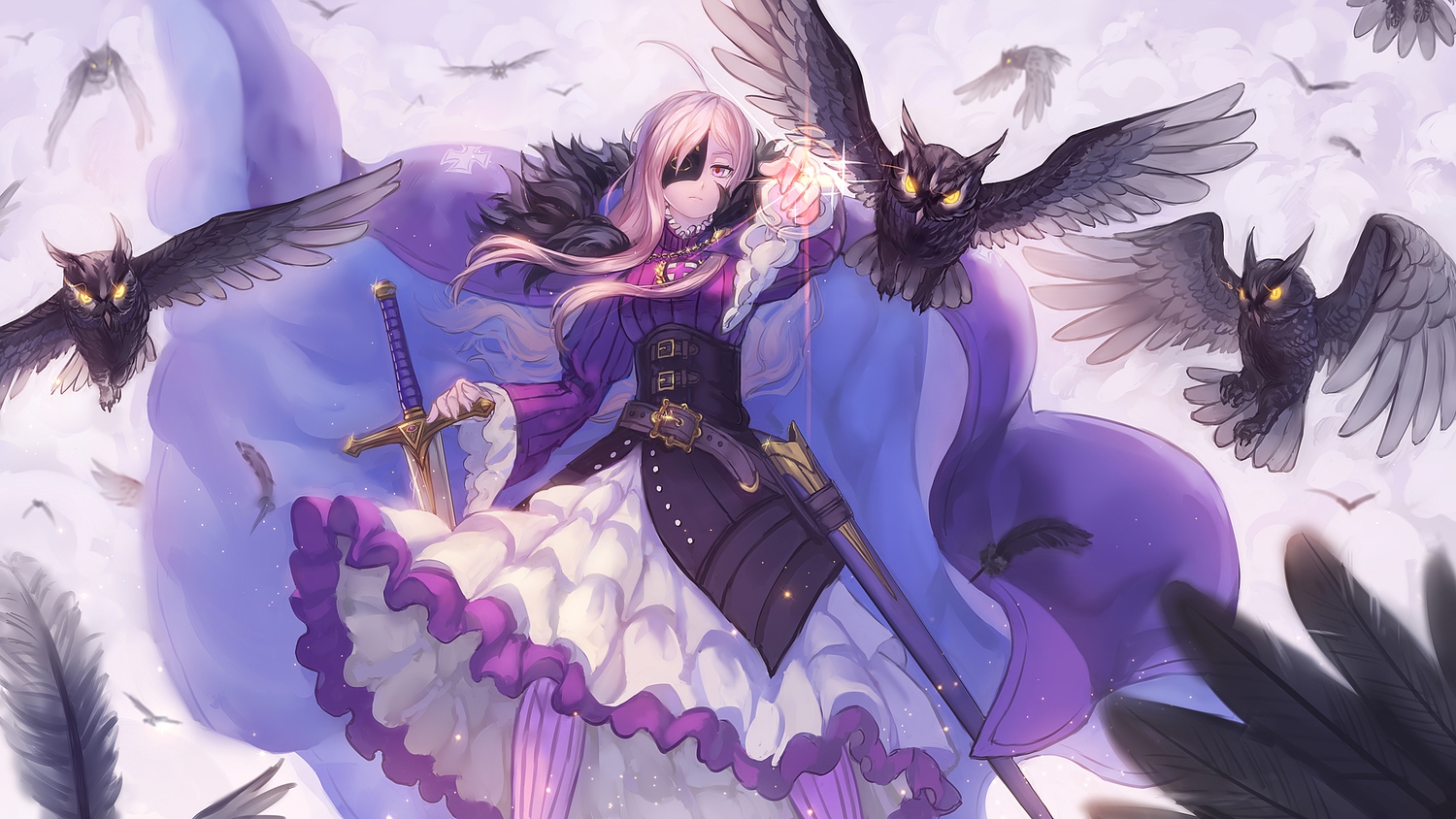 animal, bird, blonde_hair, cape, dress, feathers, long_hair, mask
